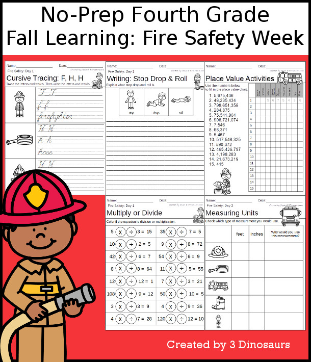 No-Prep Fire Safety Themed Weekly Packs for Fourth Grade with 5 days of activities to do to learn with a fall Fire Safety-  - 3Dinosaurs.com