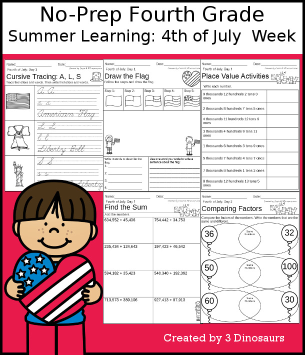 No-Prep Fourth of July Themed Weekly Packs for Fourth Grade with 5 days of activities to do to learn with a summer Fourth of July theme- 3Dinosaurs.com