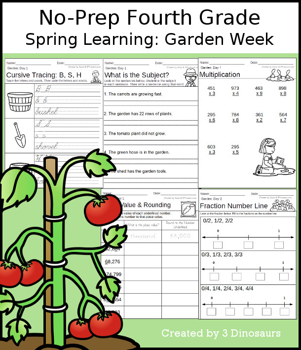 No-Prep Garden Themed Weekly Packs for Fourth Grade with 5 days of activities to do to learn with a spring Garden-  - 3Dinosaurs.com