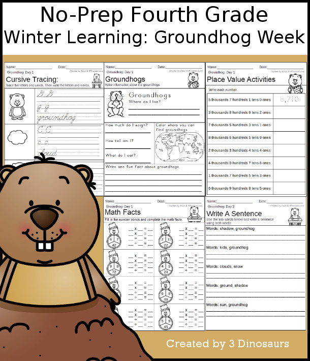 No-Prep Groundhog Day Themed Weekly Packs for Fourth Grade with 5 days of activities to do to learn with a winter Groundhog Day-  - 3Dinosaurs.com