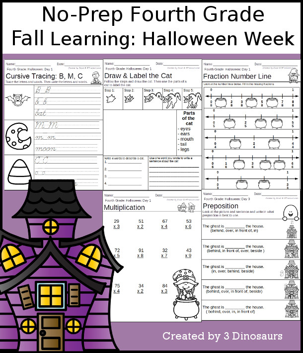 No-Prep Halloween Themed Weekly Packs for Fourth Grade with 5 days of activities to do to learn with a fall Halloween theme - 3Dinosaurs.com