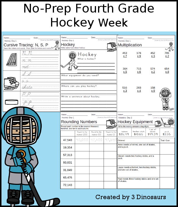 No-Prep Hockey Weekly Packs for Fourth Grade with 5 days of activities to do to learn with a winter Hockey-  - 3Dinosaurs.com