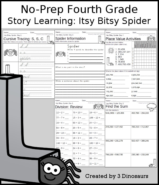 No-Prep Itsy Bitsy Spider Themed Weekly Packs for Fourth Grade with 5 days of activities to do to learn with a spring Itsy Bitsy Spider-  - 3Dinosaurs.com