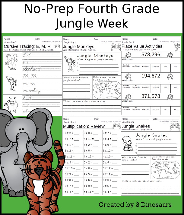 No-Prep Jungle Weekly Packs for Fourth Grade with 5 days of activities to do to learn with a summer Jungle  - 3Dinosaurs.com