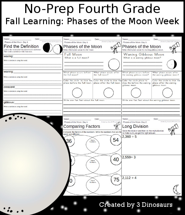 No-Prep Phases of the Moon Weekly Packs for Fourth Grade with 5 days of activities to do to learn with a fall Phases of the Moon-  - 3Dinosaurs.com