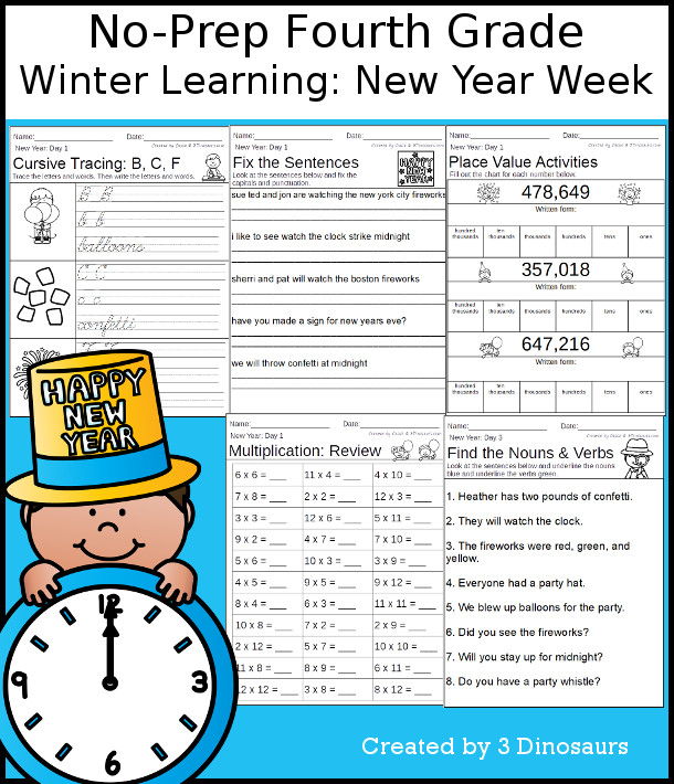 No-Prep New Year Themed Weekly Packs for Fourth Grade with 5 days of activities to do to learn with New Yeats themes - 3Dinosaurs.com