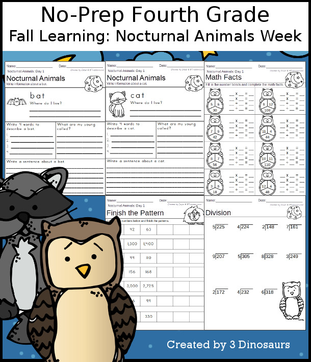 No-Prep Nocturnal Animals Weekly Packs for Fourth Grade with 5 days of activities to do to learn with a fall Nocturnal Animals-  - 3Dinosaurs.com