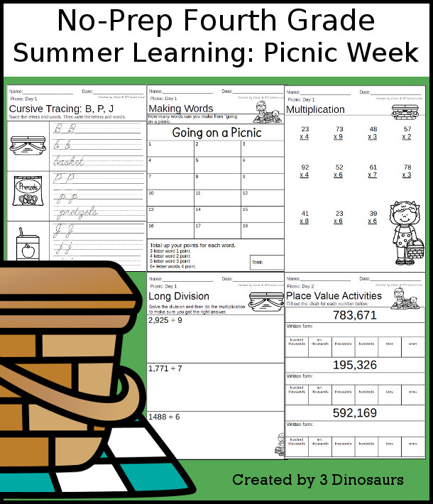 No-Prep Picnic Weekly Packs for Fourth Grade with 5 days of activities to do to learn with a summer Picnic-  - 3Dinosaurs.com