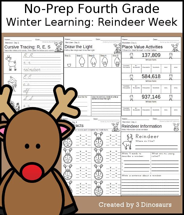 No-Prep Reindeer Themed Weekly Packs for Fourth Grade with 5 days of activities to do to learn with a winter Reindeer-  - 3Dinosaurs.com