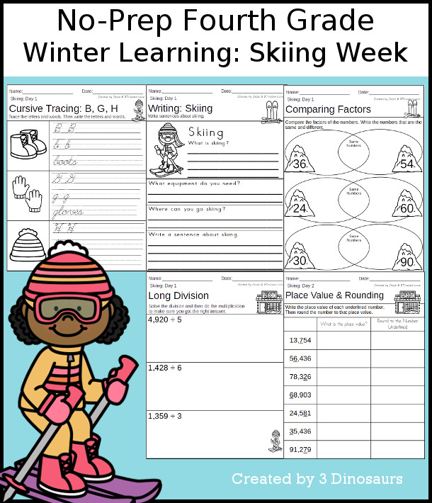 No-Prep Skiing Weekly Packs for Fourth Grade with 5 days of activities to do to learn with a winter Skiing-  - 3Dinosaurs.com