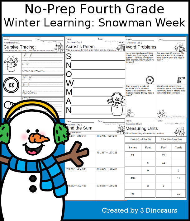 No-Prep Snowman Themed Weekly Packs for Fourth Grade with 5 days of activities to do to learn with a winter snowman themed - it has a mix of language, writing, and math to help.  - 3Dinosaurs.com