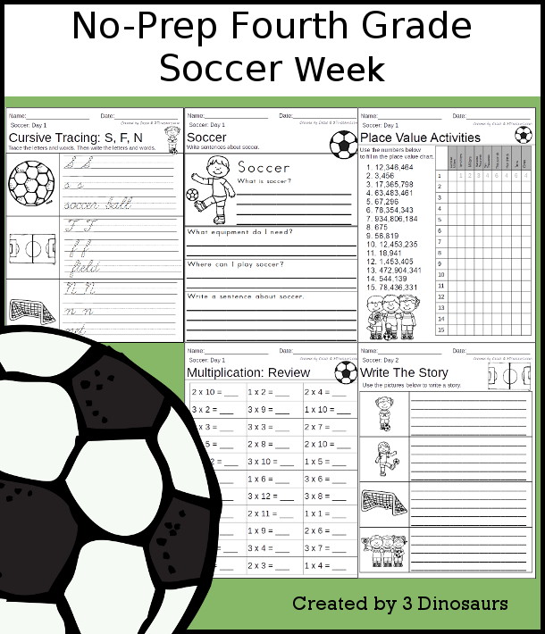 No-Prep Soccer Weekly Packs for Fourth Grade with 5 days of activities to do to learn with a spring and summer soccer with football version as well - 3Dinosaurs.com