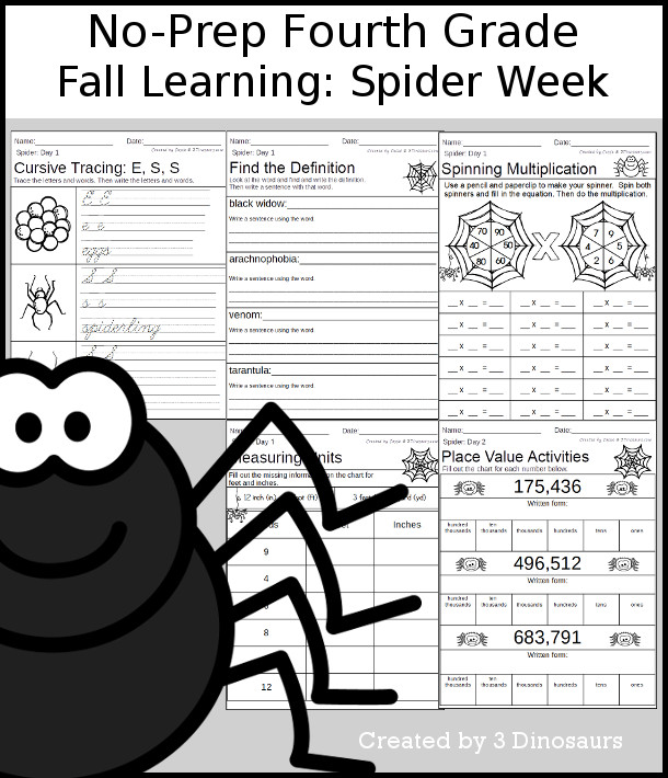 No-Prep Spider Weekly Packs for Fourth Grade with 5 days of activities to do to learn with a fall Spider-  - 3Dinosaurs.com