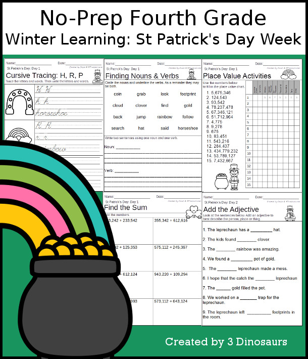 No-Prep St. Patrick's Day Themed Weekly Packs for Fourth Grade with 5 days of activities to do to learn with winter St. Patrick's Day Theme  - 3Dinosaurs.com