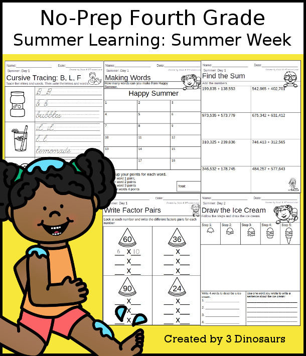 No-Prep Summer Themed Weekly Packs for Fourth Grade with 5 days of activities to do to learn with a summer theme -  - 3Dinosaurs.com