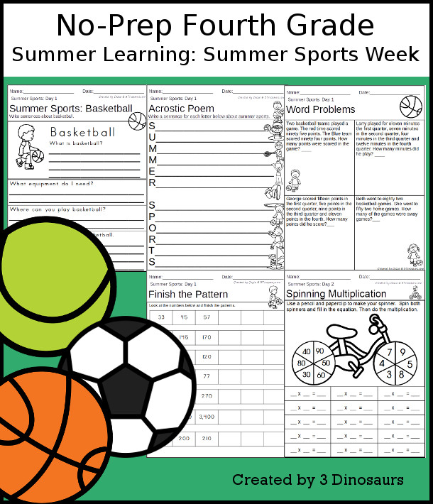 No-Prep Summer Sports Themed Weekly Packs for Fourth Grade with 5 days of activities to do to learn with a Summer Sports theme -  - 3Dinosaurs.com