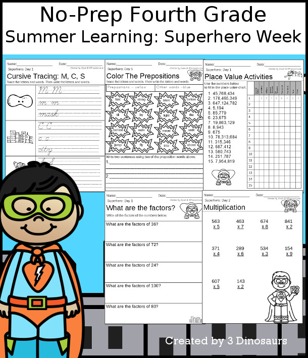 No-Prep Superhero Themed Weekly Packs for Fourth Grade with 5 days of activities to do to learn with a summer Superhero-  - 3Dinosaurs.com