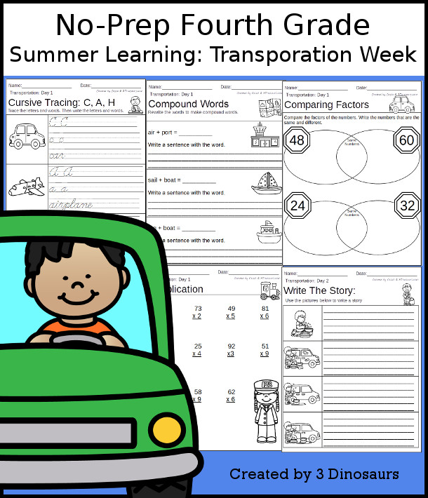 No-Prep Transportation Themed Weekly Packs for Fourth Grade with 5 days of activities to do to learn with a summer Transportation theme-  - 3Dinosaurs.com