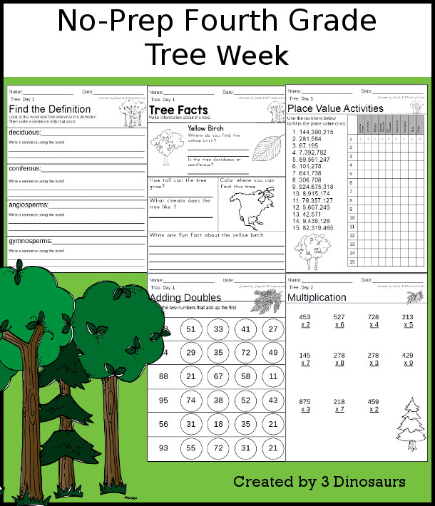 No-Prep Tree Weekly Packs for Fourth Grade with 5 days of activities to do to learn with a different types of tree theme -  - 3Dinosaurs.com