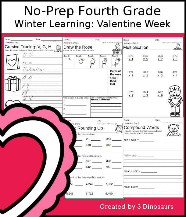 No-Prep Valentine Themed Weekly Packs for Fourth Grade with 5 days of activities to do to learn with a Valentine's Day Theme  - 3Dinosaurs.com