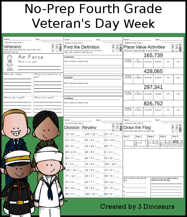 No-Prep Veteran's Day Weekly Packs for Fourth Grade with 5 days of activities to do to learn with a fall Veteran's Day-  - 3Dinosaurs.com