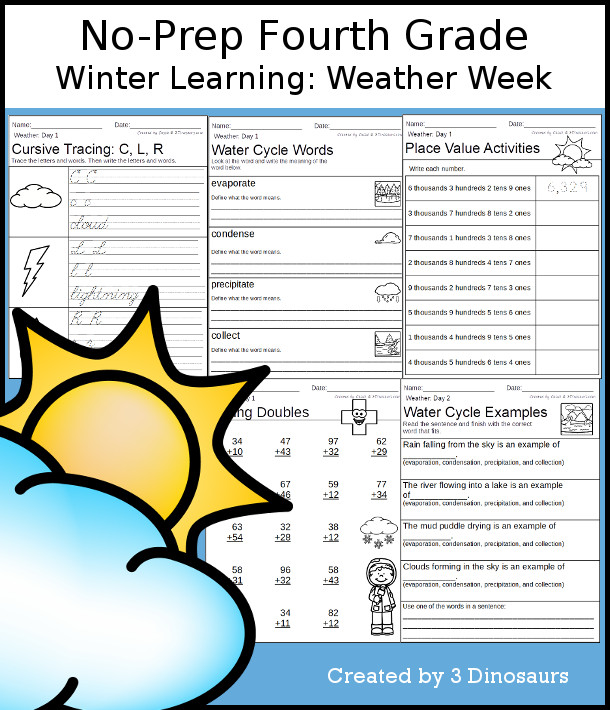 No-Prep Weather Themed Weekly Packs for Fourth Grade with 5 days of activities to do to learn with weather and the water cycle - 3Dinosaurs.com