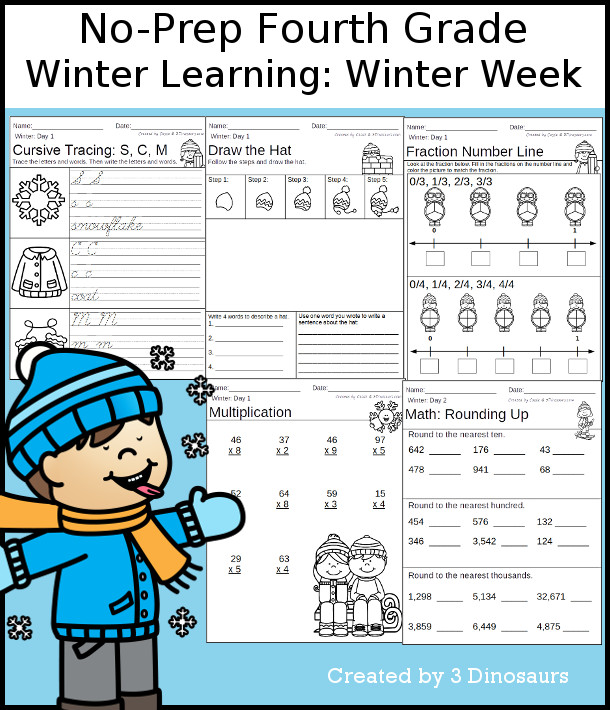 No-Prep Winter Themed Weekly Packs for Fourth Grade with 5 days of activities to do to learn with an over all winter theme - 3Dinosaurs.com