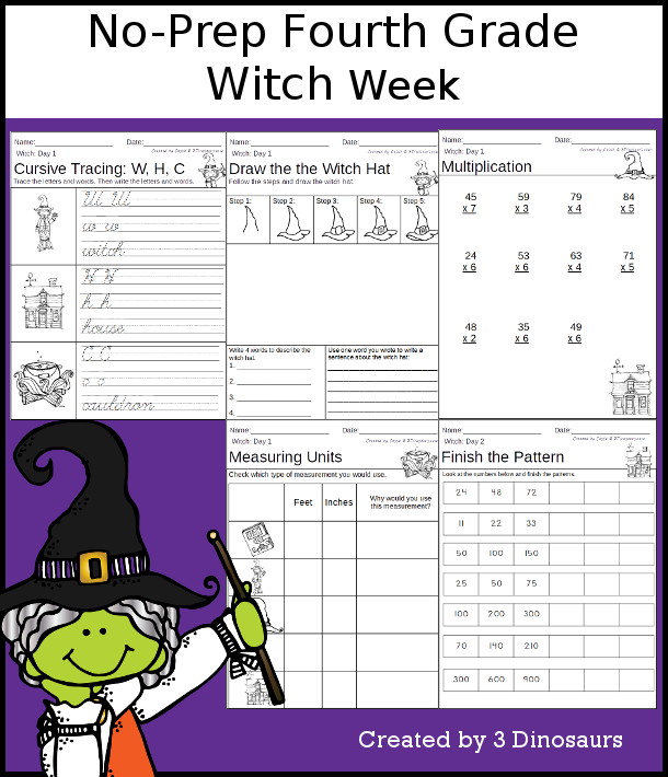 No-Prep Witch Weekly Packs for Fourth Grade with 5 days of activities to do to learn with a fall Witch theme-  - 3Dinosaurs.com