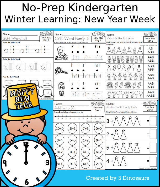 No-Prep New Year Themed Weekly Packs for Kindergarten with 5 days of activities to do to learn with a winter New Year theme: CVC words IT & OB, addition, subtraction, and more - 3Dinosaurs.com