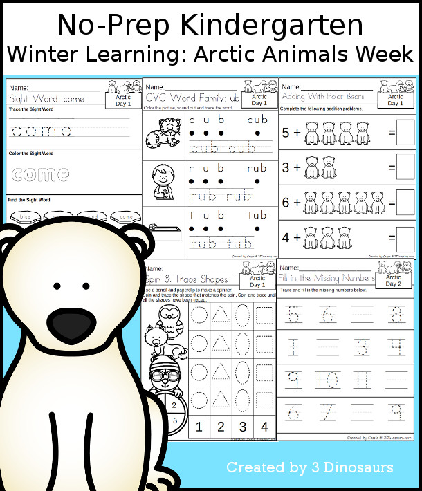 No-Prep Arctic Animals Themed Weekly Packs for Kindergarten with 5 days of activities to do to learn with a winter Arctic Animals theme - 3Dinosaurs.com