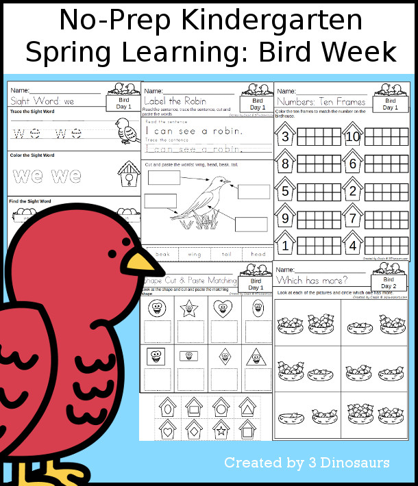 No-Prep Bird Themed Weekly Packs for Kindergarten with 5 days of activities to do to learn with a spring Bird theme - 3Dinosaurs.com