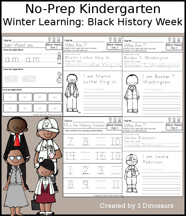 No-Prep Black History Weekly Packs for Kindergarten with 5 days of activities to do to learn with a spring Black History theme - 3Dinosaurs.com