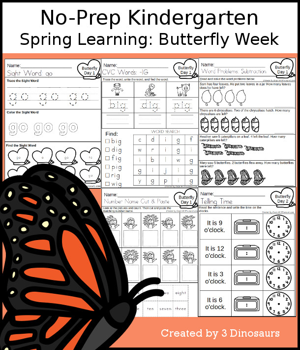 No-Prep Butterfly Themed Weekly Packs for Kindergarten with 5 days of activities to do to learn with a spring Butterfly theme - 3Dinosaurs.com
