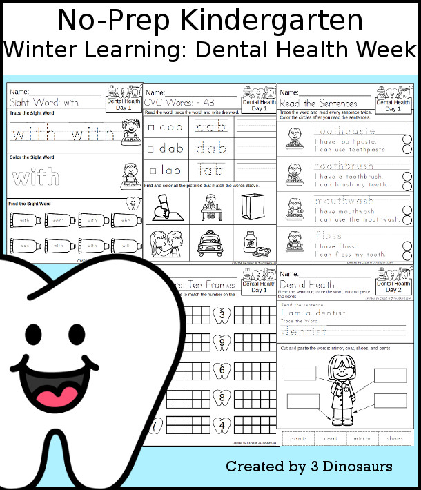 No-Prep Dental Health Weekly Packs for Kindergarten with 5 days of activities to do to learn with a spring Dental Health theme - 3Dinosaurs.com