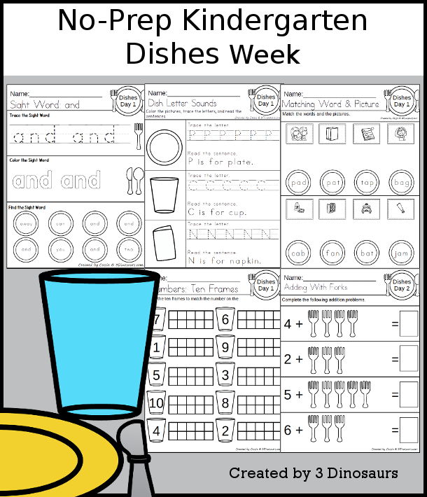 No-Prep Dishes Weekly Packs for Kindergarten with 5 days of activities to do to learn with a winter Dishes theme - 3Dinosaurs.com