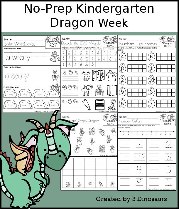 No-Prep Dragon Weekly Packs for Kindergarten with 5 days of activities to do to learn with a Dragon theme - 3Dinosaurs.com