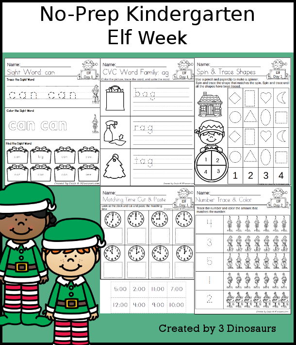 No-Prep Elf Weekly Packs for Kindergarten with 5 days of activities to do to learn with a Winter Elf theme - 3Dinosaurs.com