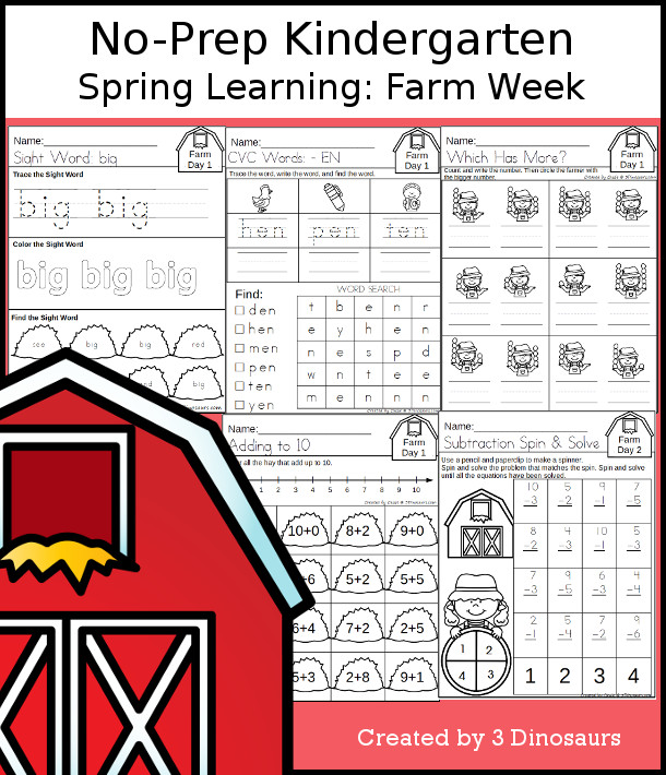 Farm No-Prep Weekly Packs – Prek to Fourth Grade – 3 Dinosaurs