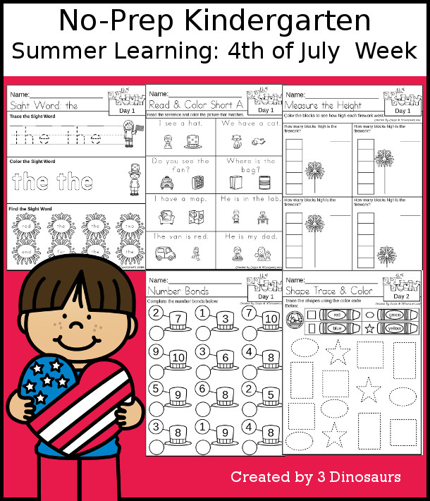 No-Prep Fourth of July Themed Weekly Packs for Kindergarten with 5 days of activities to do to learn with a summer Fourth of July theme - 3Dinosaurs.com