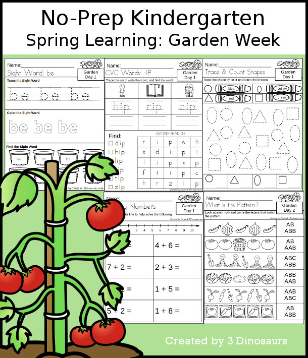 No-Prep Garden Themed Weekly Packs for Kindergarten with 5 days of activities to do to learn with a spring garden theme - 3Dinosaurs.com