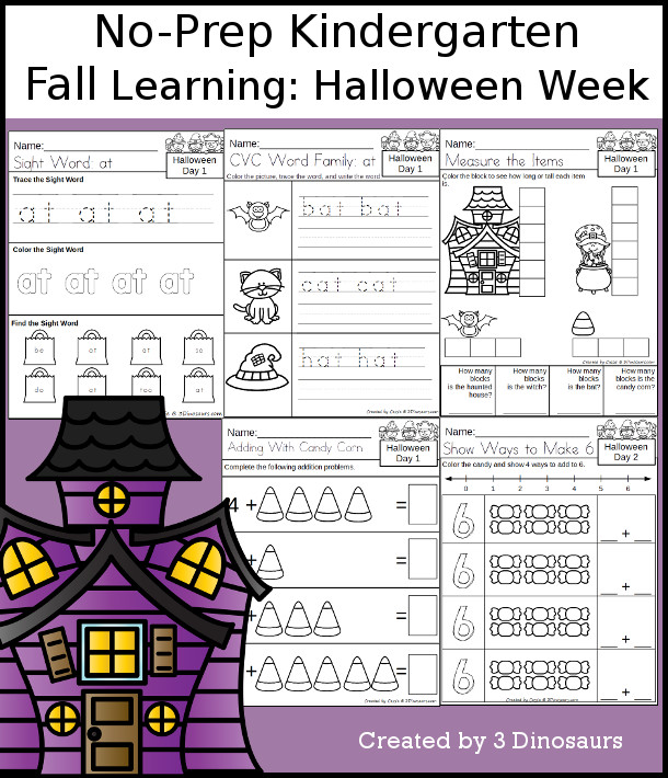 No-Prep Halloween Themed Weekly Packs for Kindergarten with 5 days of activities to do to learn with a fall Halloween theme - 4 pages of printables for each day - 3Dinosaurs.com