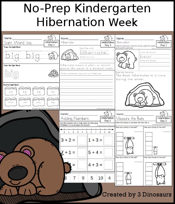 No-Prep Hibernation Weekly Packs for Kindergarten with 5 days of activities to do to learn with a winter Hibernation theme - 3Dinosaurs.com