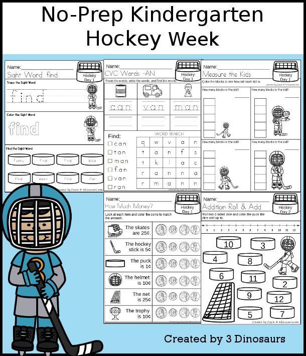 No-Prep Hockey Weekly Packs for Kindergarten with 5 days of activities to do to learn with a winter Hockey theme - 3Dinosaurs.com