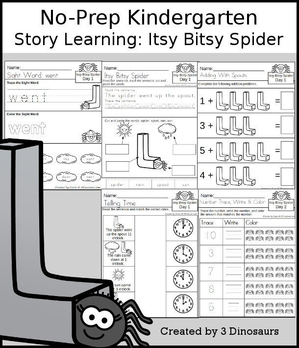 No-Prep Itsy Bitsy Spider Themed Weekly Packs for Kindergarten with 5 days of activities to do to learn with a spring Itsy Bitsy Spider theme - 3Dinosaurs.com