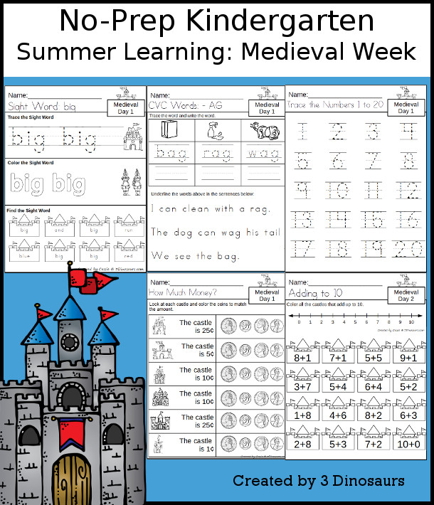 No-Prep Medieval Weekly Packs for Kindergarten with 5 days of activities to do to learn with a summer Medieval theme - 3Dinosaurs.com