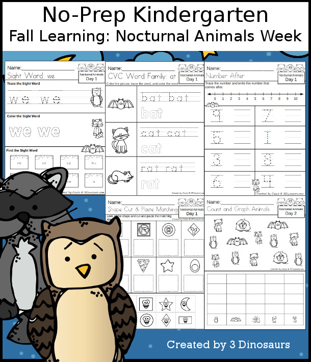 No-Prep Nocturnal Animals Weekly Packs for Kindergarten with 5 days of activities to do to learn with a fall Nocturnal Animals theme - 3Dinosaurs.com
