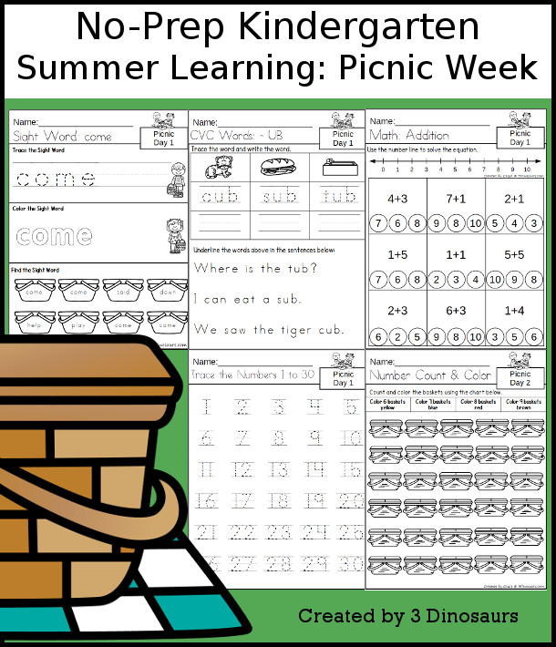 No-Prep Picnic Weekly Packs for Kindergarten with 5 days of activities to do to learn with a summer Picnic theme - 3Dinosaurs.com