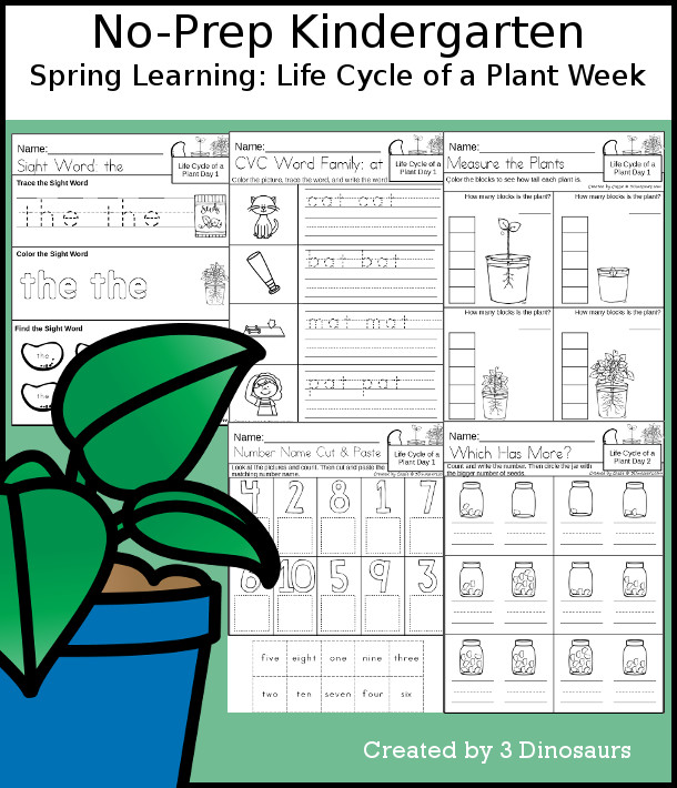 No-Prep Life Cycle of a Plant Themed Weekly Packs for Kindergarten with 5 days of activities to do to learn with a spring Life Cycle of a Plant theme - 3Dinosaurs.com