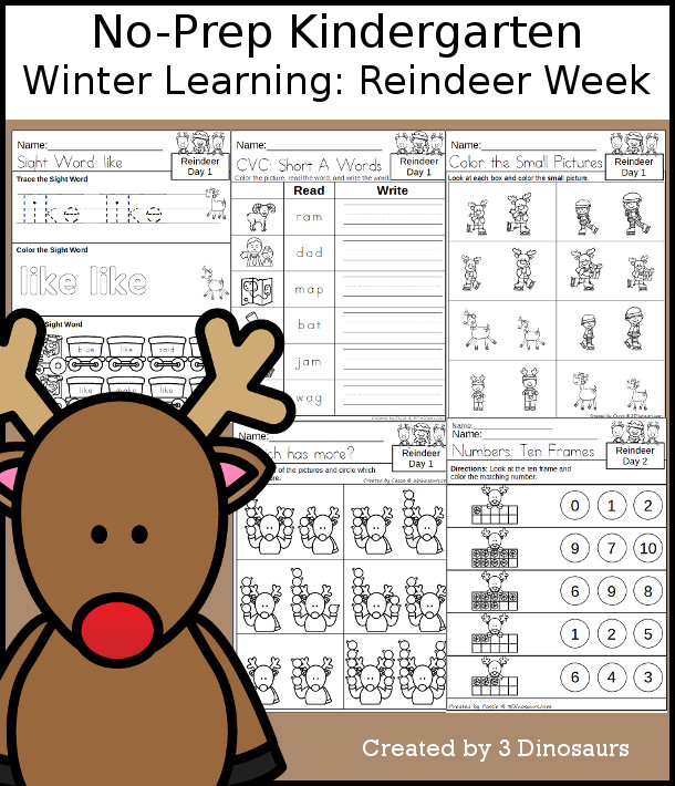 No-Prep Reindeer Themed Weekly Packs for Kindergarten with 5 days of activities to do to learn with a winter Reindeer theme - 3Dinosaurs.com