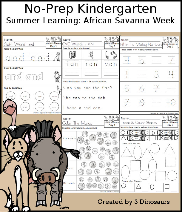 No-Prep African Savanna Weekly Packs for Kindergarten with 5 days of activities to do to learn with an African Savanna theme - 3Dinosaurs.com